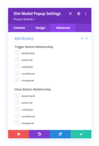 Attribute settings for the Modal popup