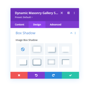 Box Shadow settings in the design tab of Divi Gallery Extended plugin