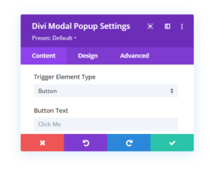 Button Trigger Element and its more option in the Content tab as compared to Divi Overlays