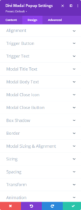 Divi Modal Popup and its Design tab settings