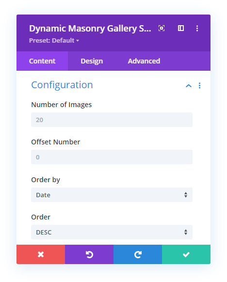 Dynamic Masonry Gallery module Configuration settings