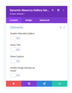 Elements settings available in the Divi Gallery Extended plugin