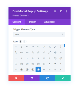 Icon Trigger Element and its more option in the Content tab as compared to Divi Overlays