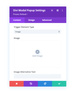 Image Trigger Element and its more option in the Content tab as compared to Divi Overlays