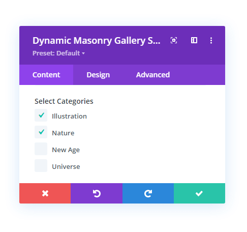 Image category selection in Divi builder using Divi gallery extended plugin