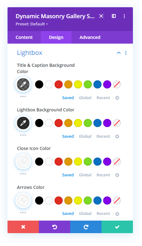 Lightbox settings in the Design tab