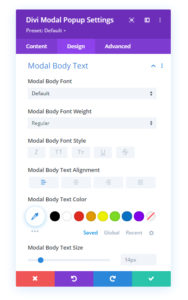 Modal Body Text settings in the Design tab
