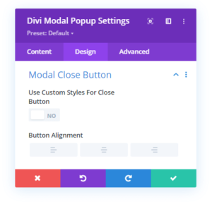 Modal Close Button settings in the Design tab