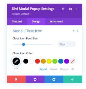 Modal Close Icon settings in the Design tab
