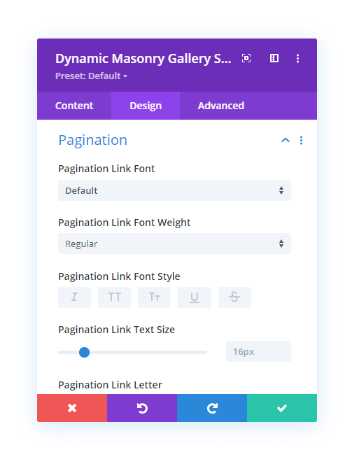 Pagination settings in the Design tab
