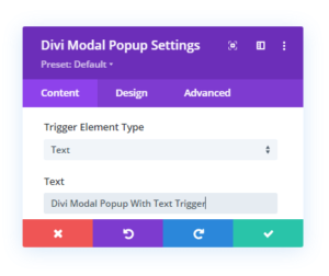 Text Trigger Element and its more option in the Content tab as compared to Divi Overlays