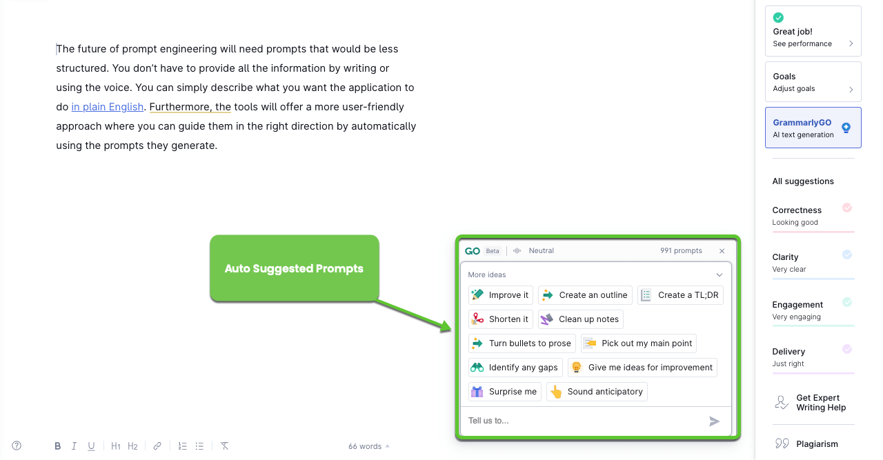 Auto Suggested Prompts of Grammarly