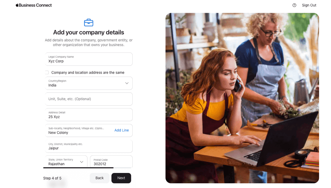 Adding legal business details
