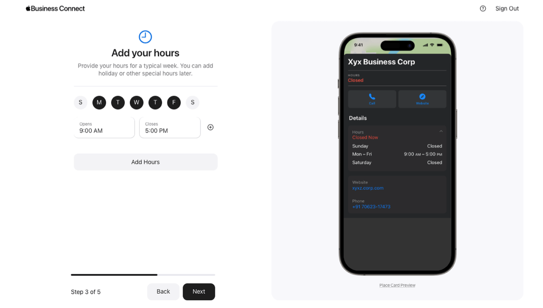 Adding working hours for Apple Business Connect