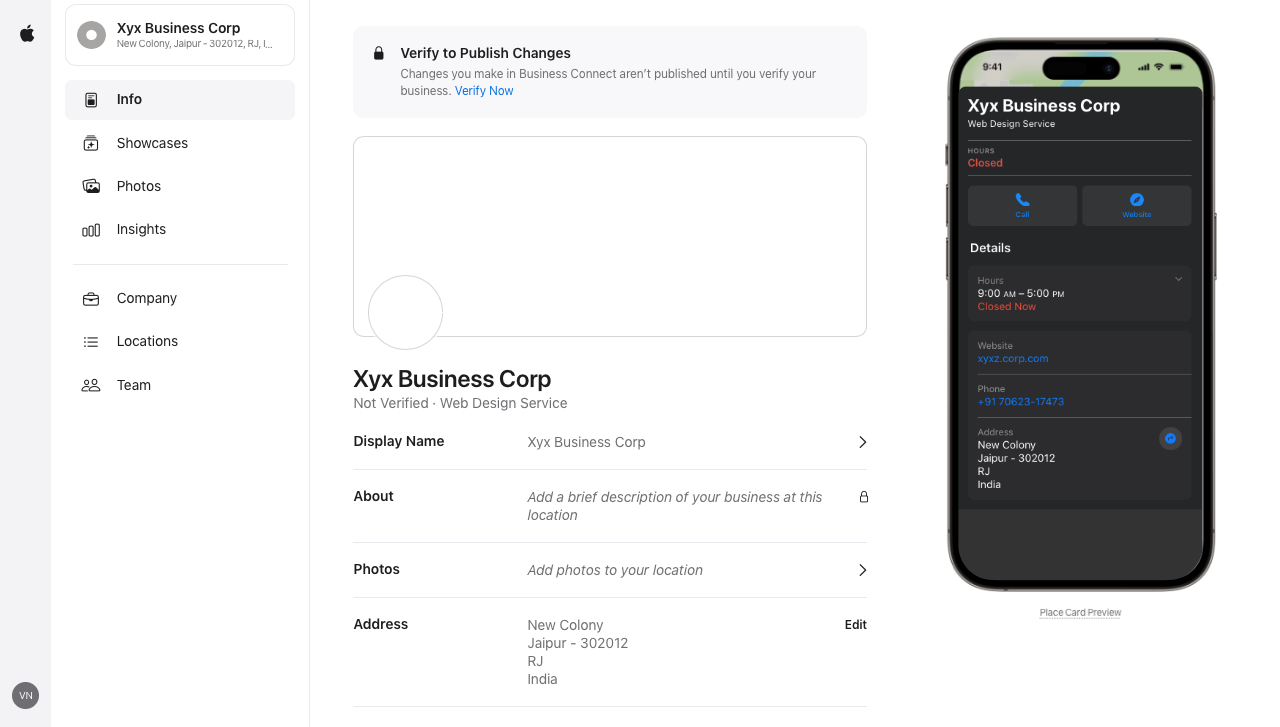 Apple Business Connect dashboard