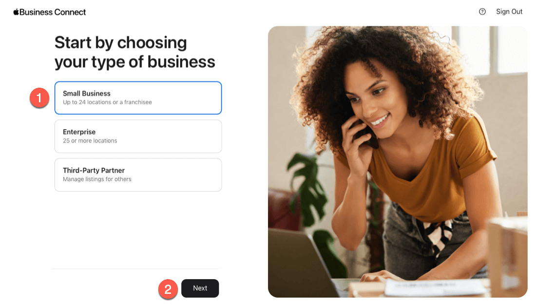 Selecting Apple Business Connect account type