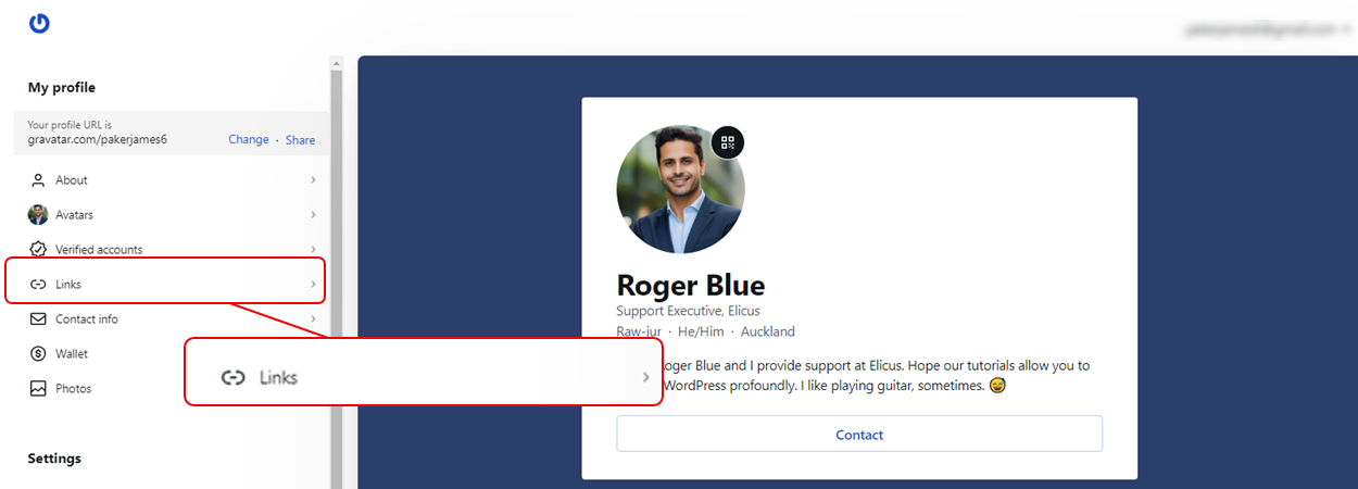 Links option in the Gravatar