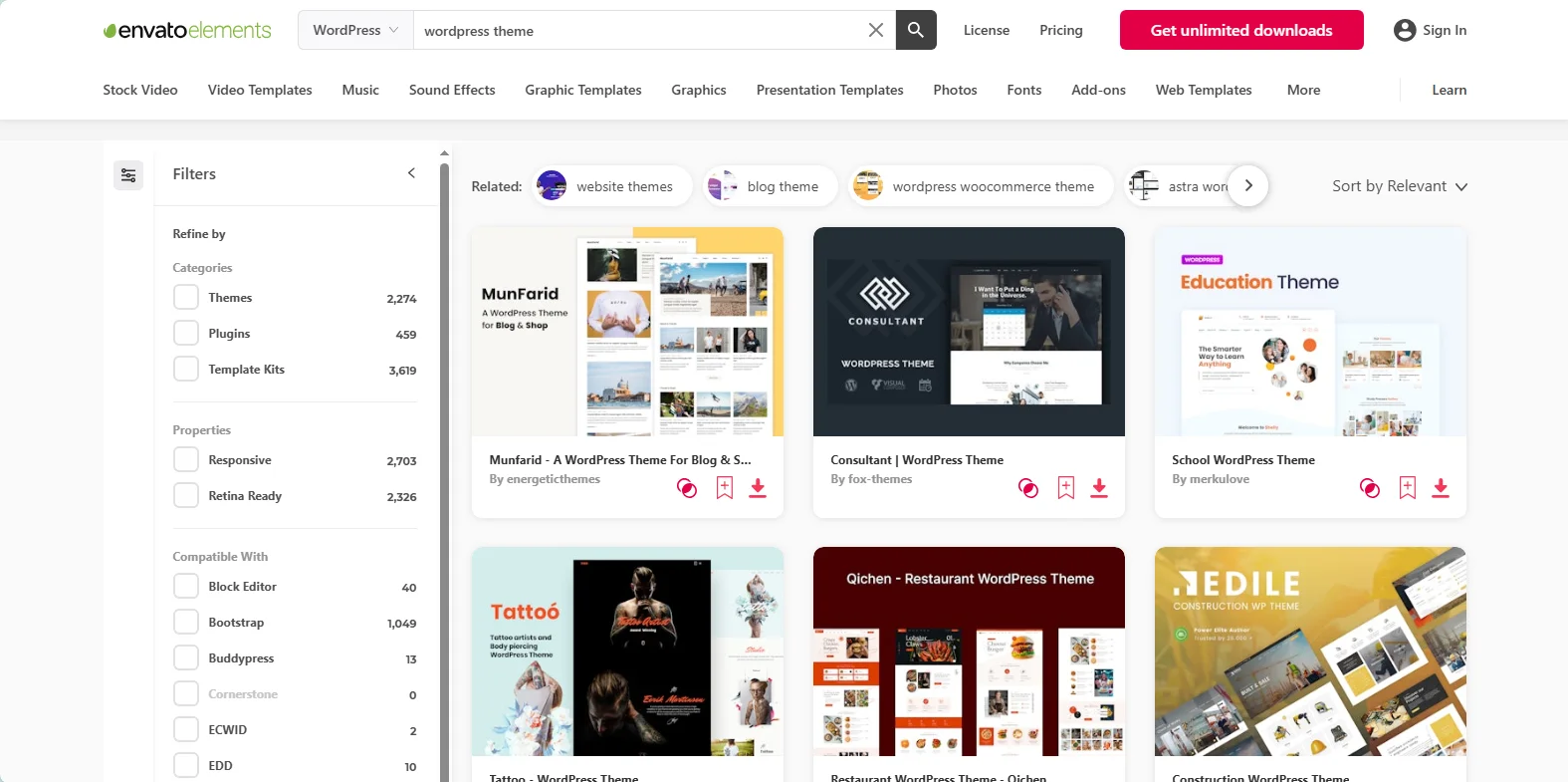 Search and filter options on Envato Elements