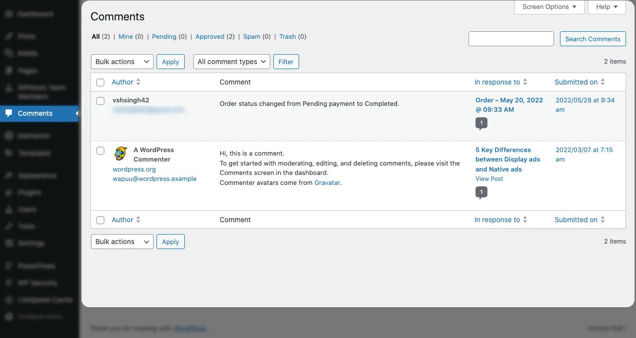 Comments window in the WordPress admin area.