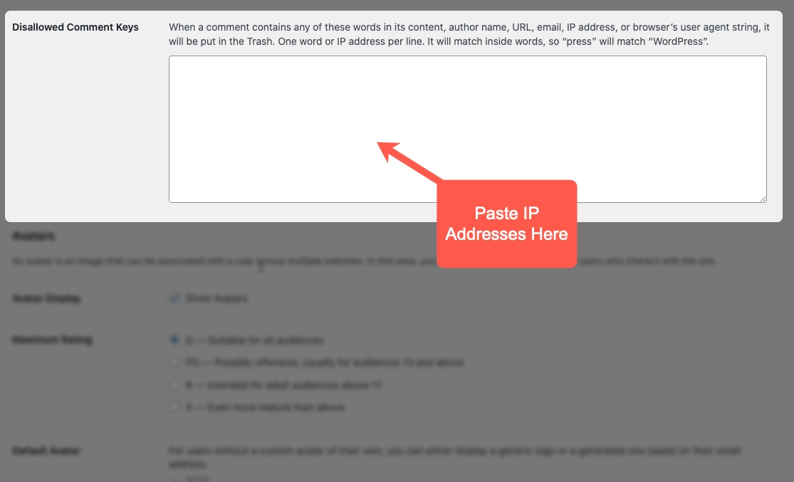 Disallowed comments options to block visitors in WordPress using IP addresses.