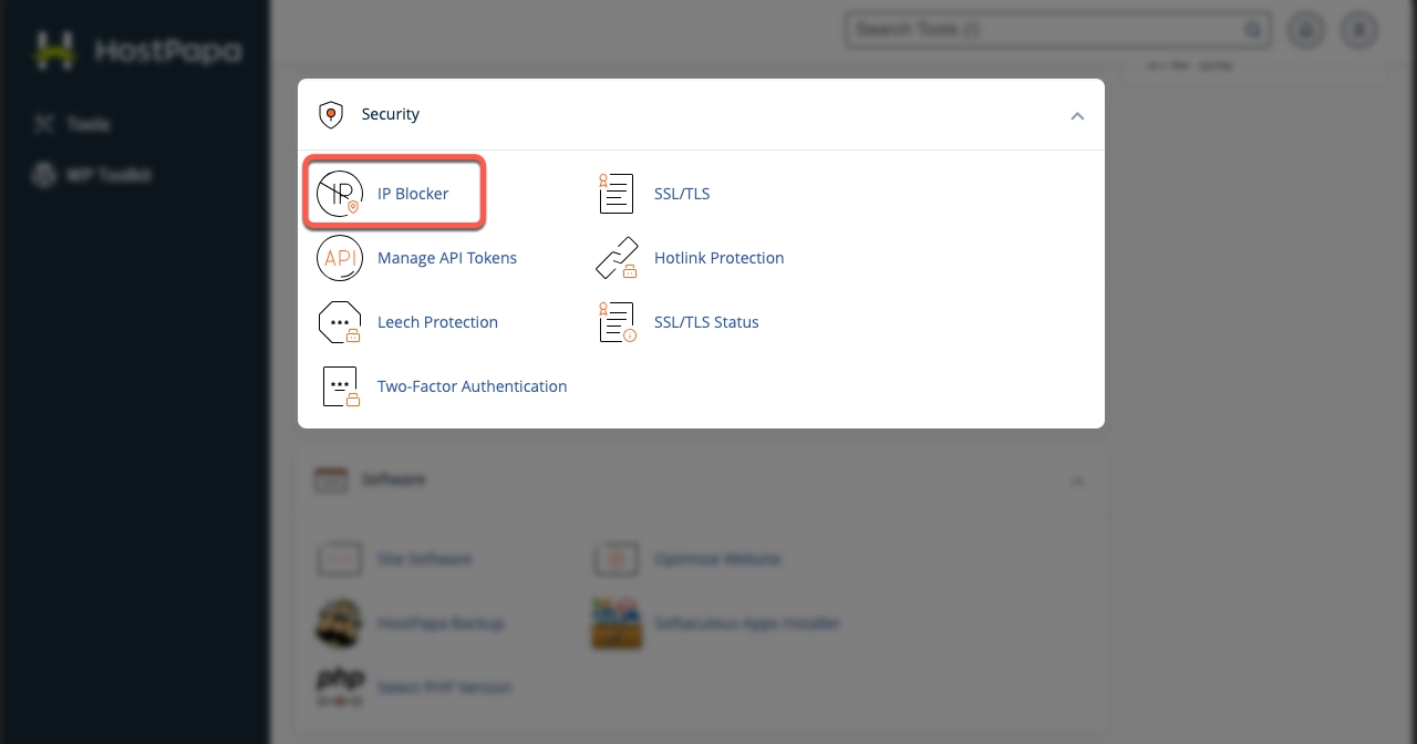 IP blocker option in the server cPanel.