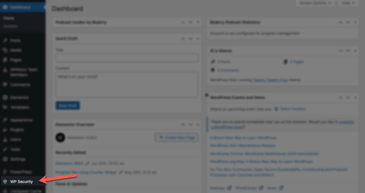 WP Security options in the WordPress Dashboard.
