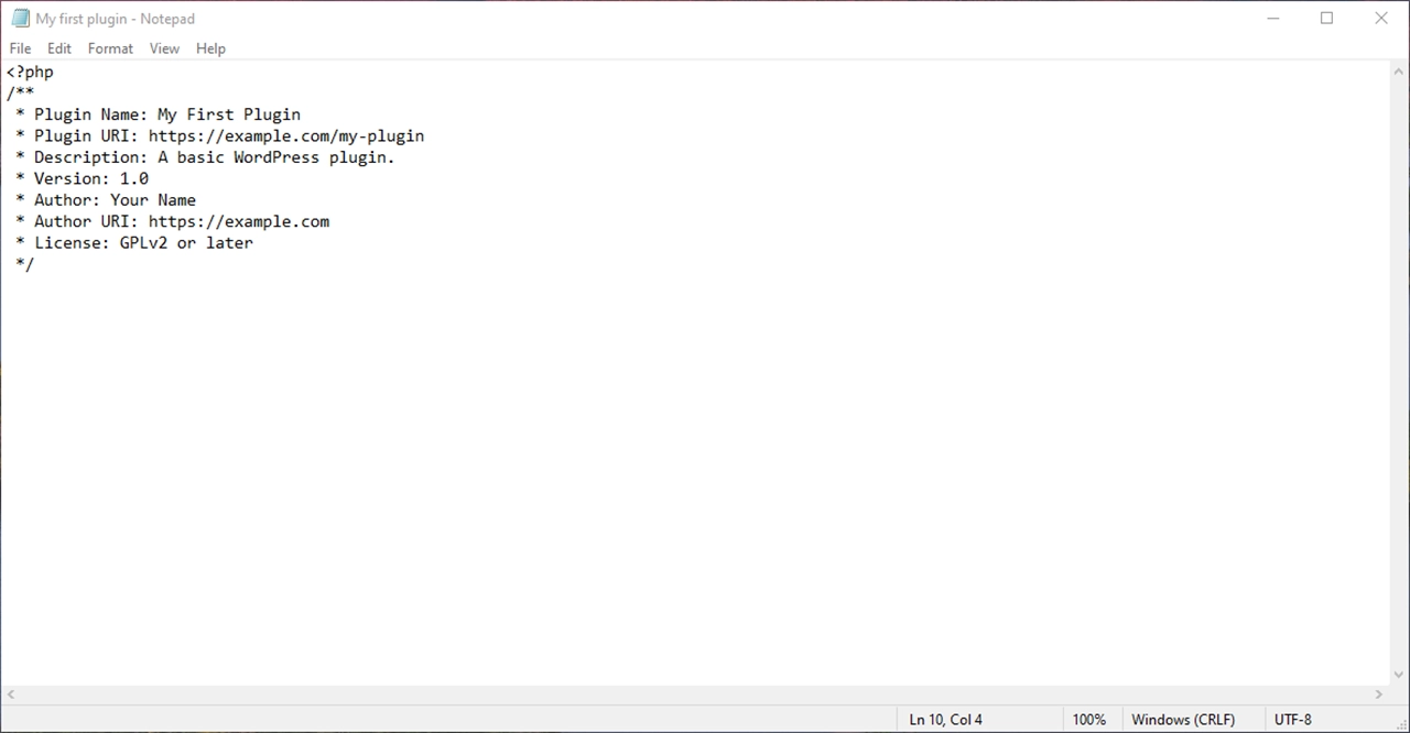 WordPress plugin basic code.