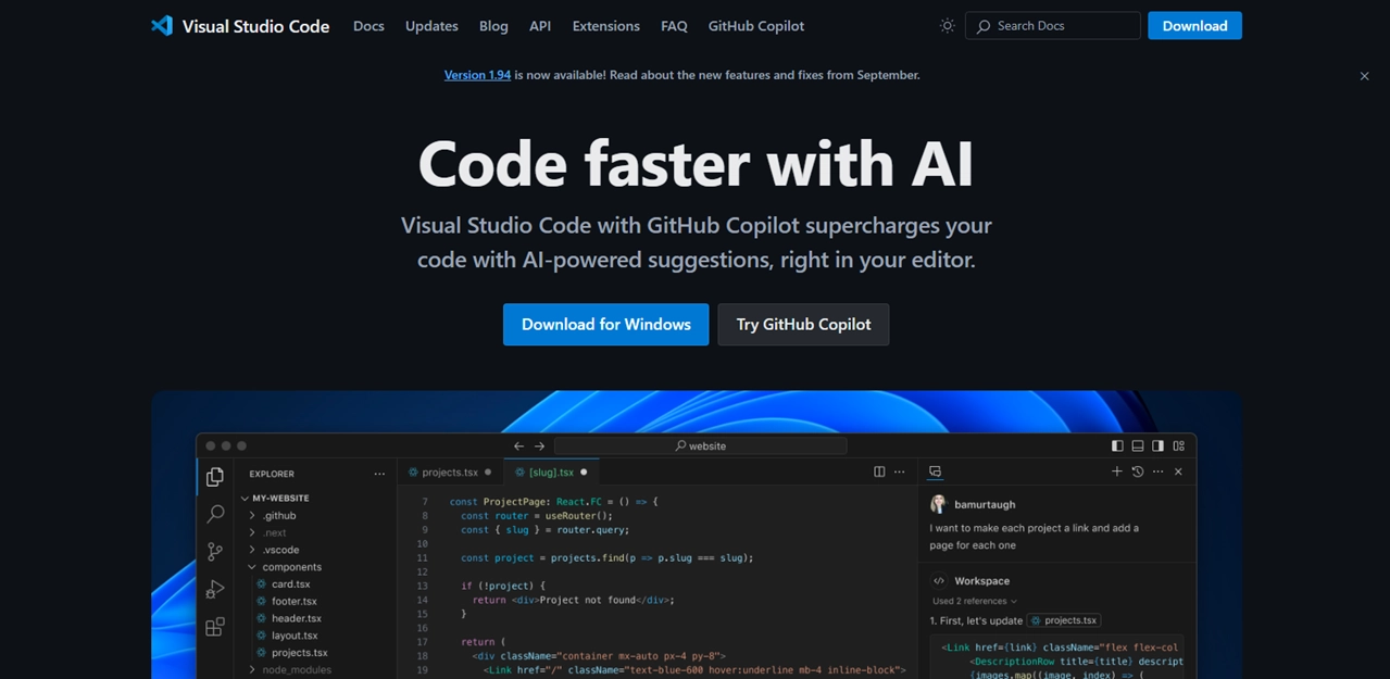 Visual Studio Code homepage.