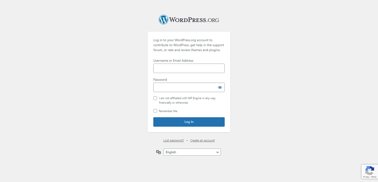 WordPress.org login page.