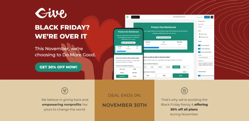 GiveWP Black Friday 2024 30% off sale.