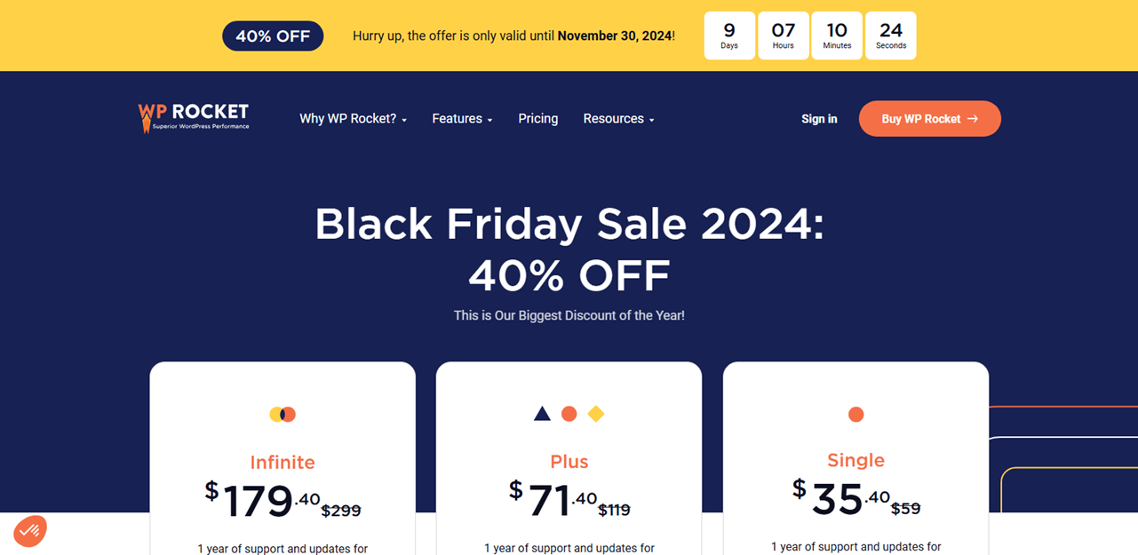 WP Rocket Black Friday Sale 2024. 40% off.