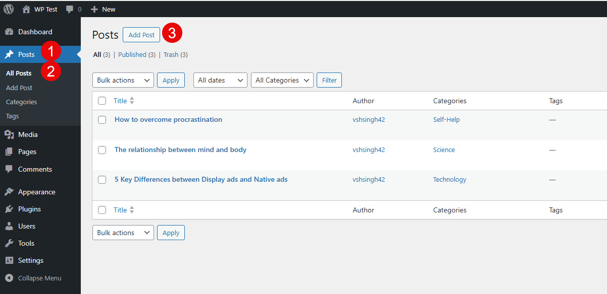Steps to add a post in WordPress.