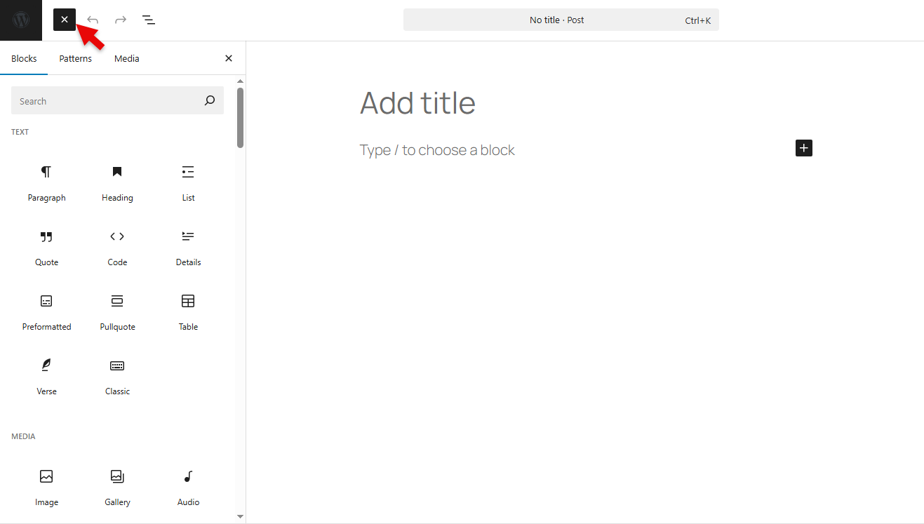 The Blocks section in the Gutenberg editor of WordPress.