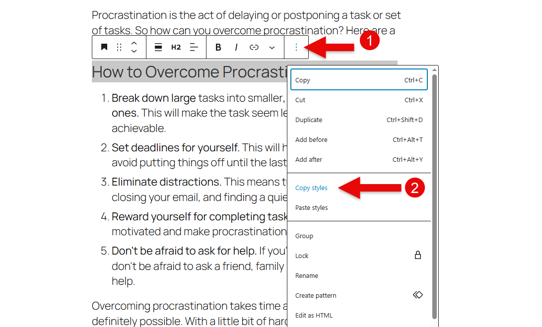 Copying Styles option in the block editor.