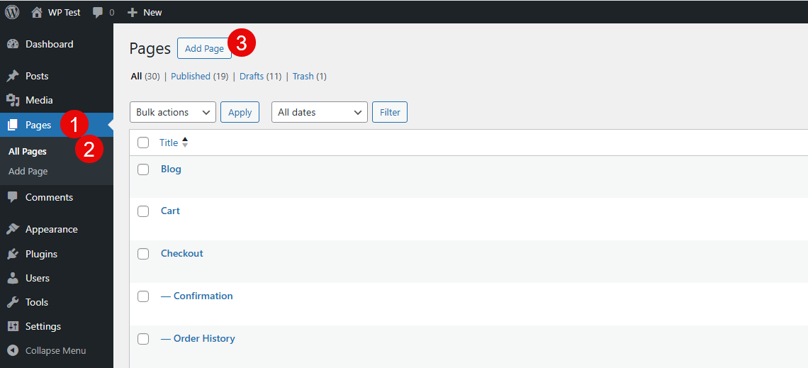 Creating a new page in the WordPress Block editor.