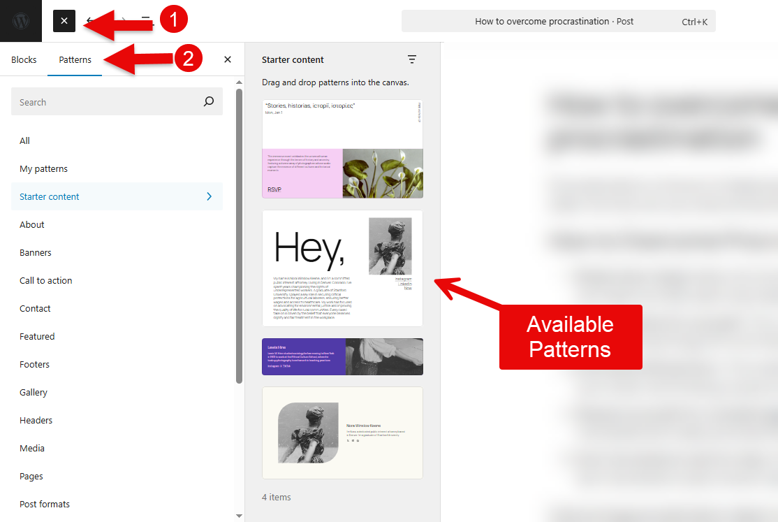 Accessing the prebuilt native patterns of WordPress