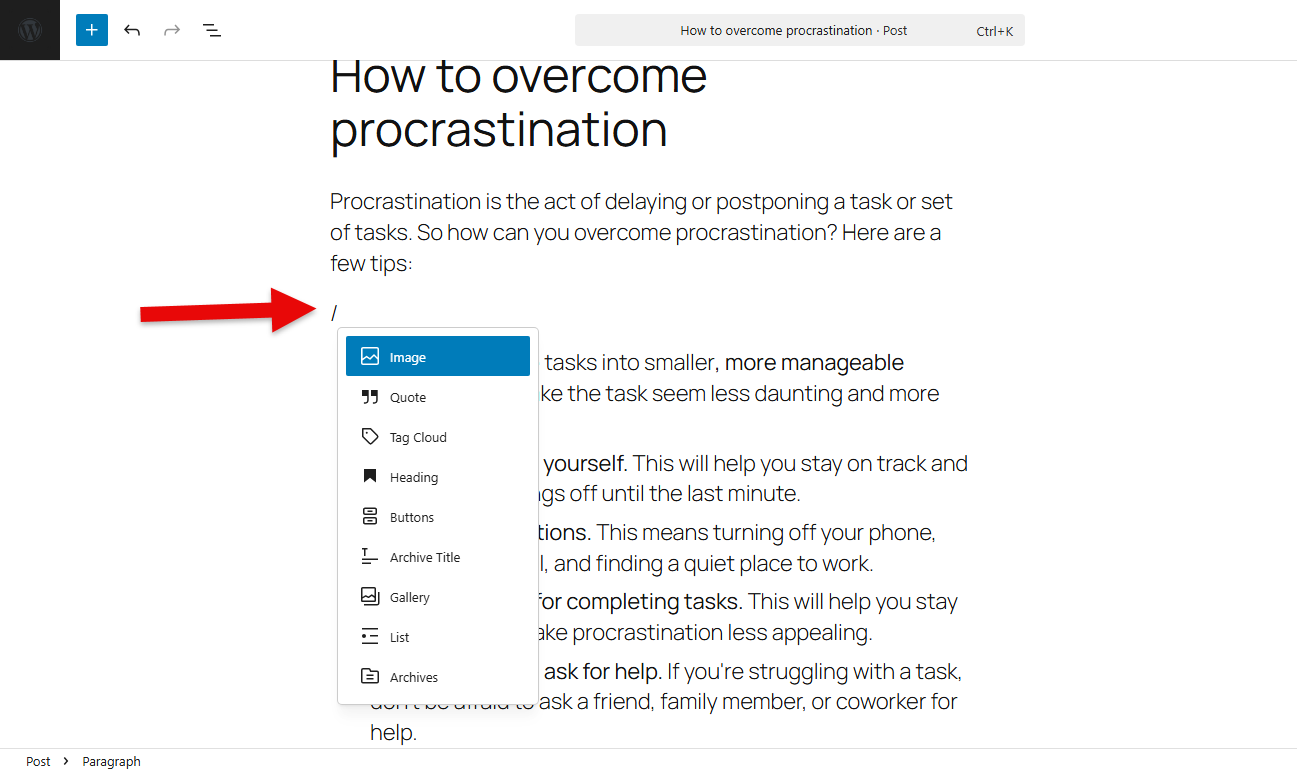 Forward Slash command of the Gutenberg editor that opens the Block options.