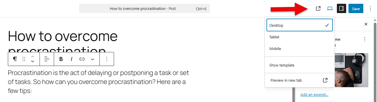 The Desktop, Tablet, and Mobile options for the preview of Gutenberg post or page.
