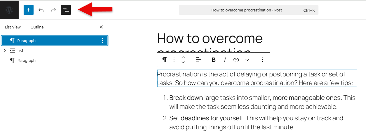 List View option in the Gutenberg Editor.
