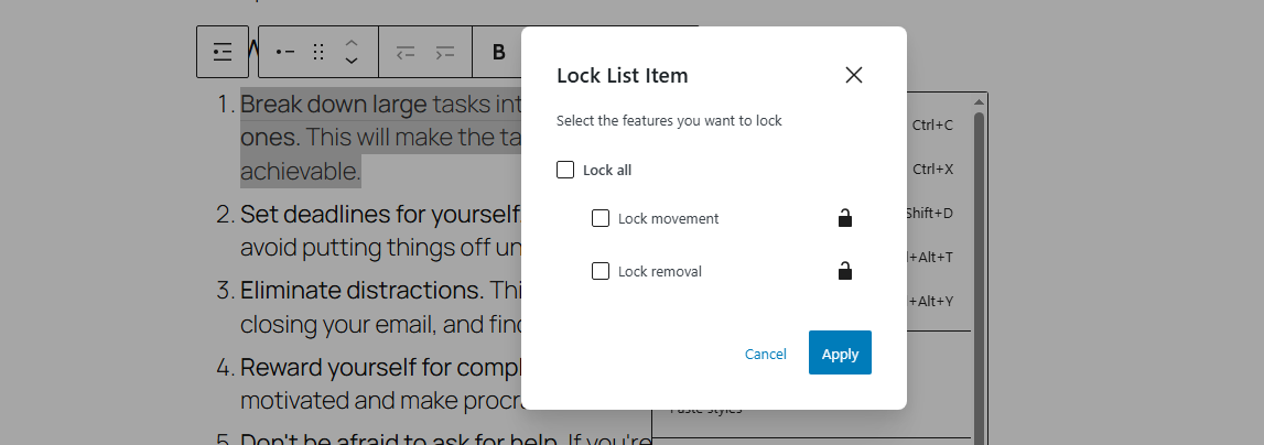 More options in the Lock feature of Block editor.