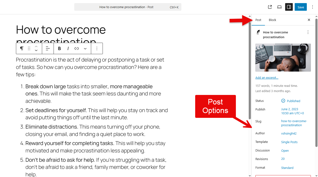 Block Editor post options.