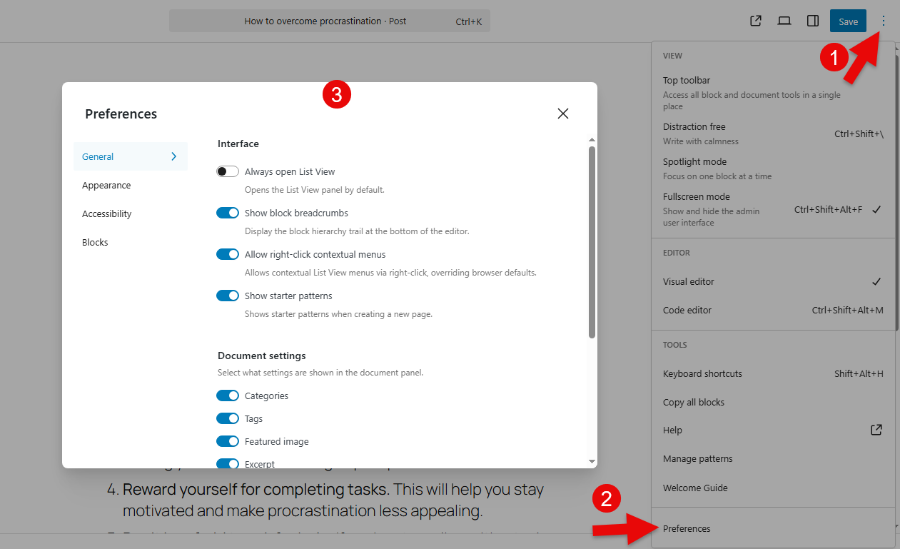 Configuring the Preferences of Gutenberg editor.
