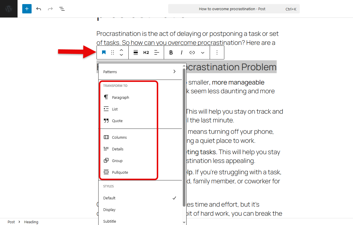 The functionality of Gutenberg editor to change the block into another block.