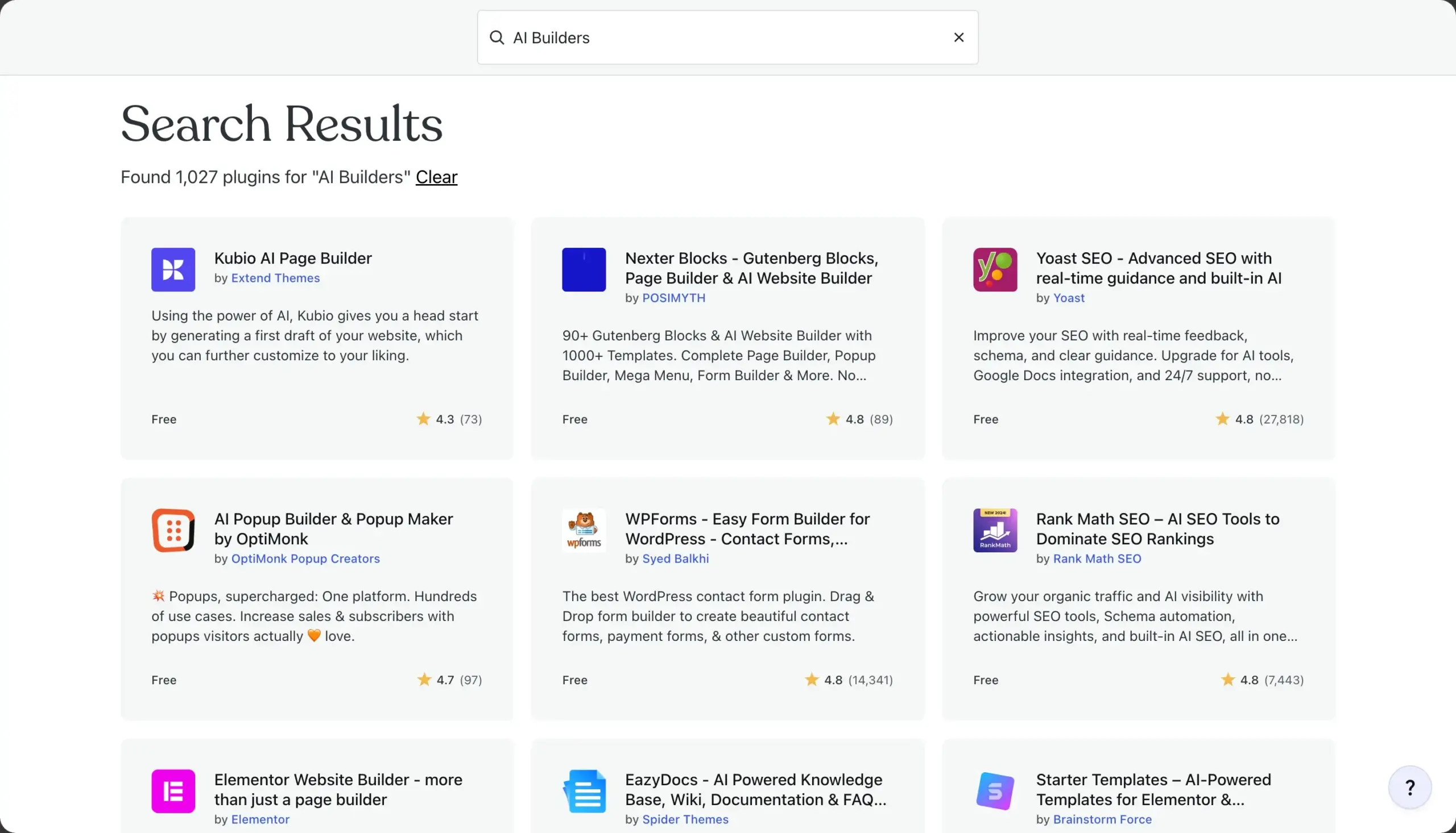 The Search Results of the search query, AI Builders, on WordPress Repo.