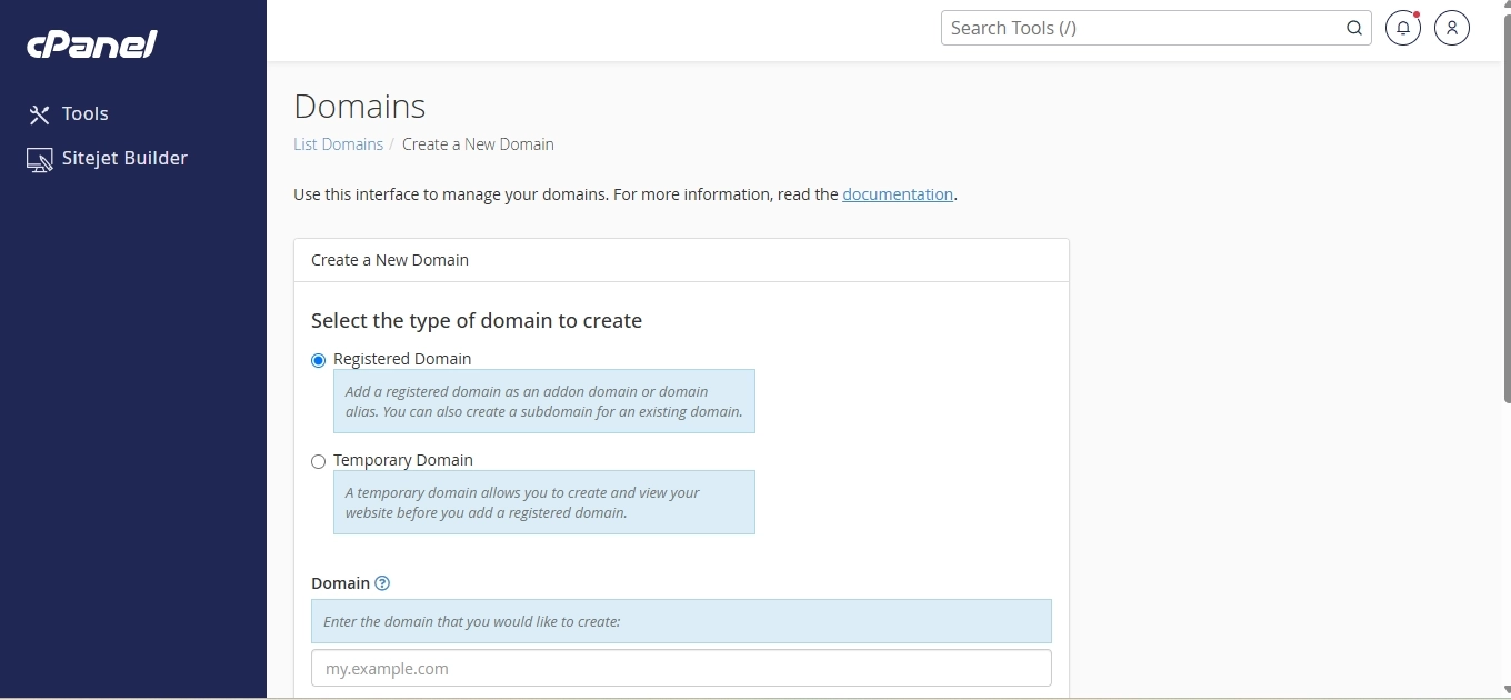 Create a New Domain fields in the cPanel.