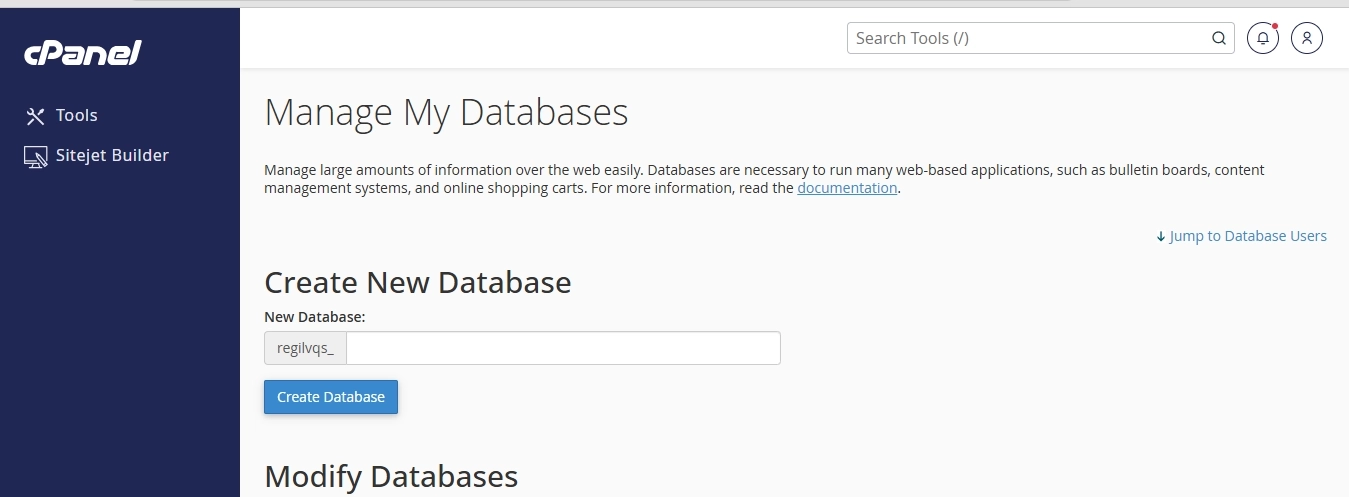 Creating a new database for WP site migration.