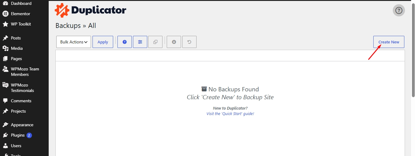 Creating a new WordPress Backup using the Duplicator plugin.