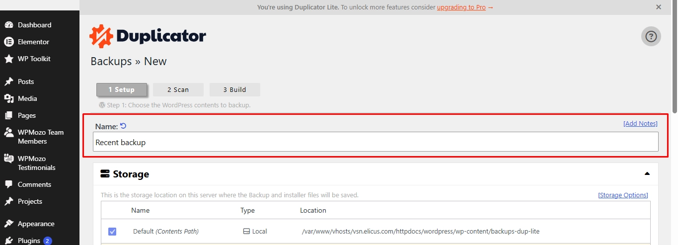 WP WordPress Backup options.