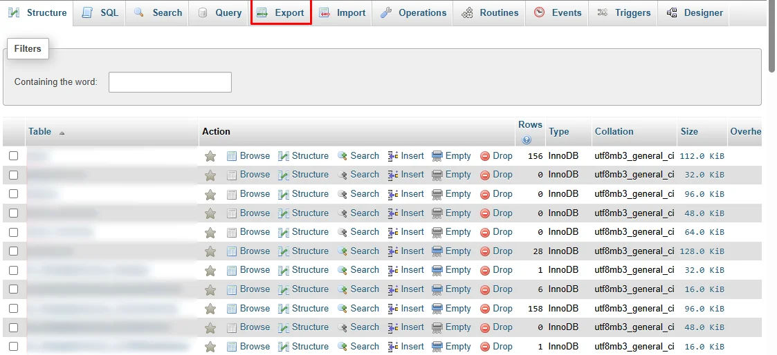 php files export option in the database management options for WordPress.