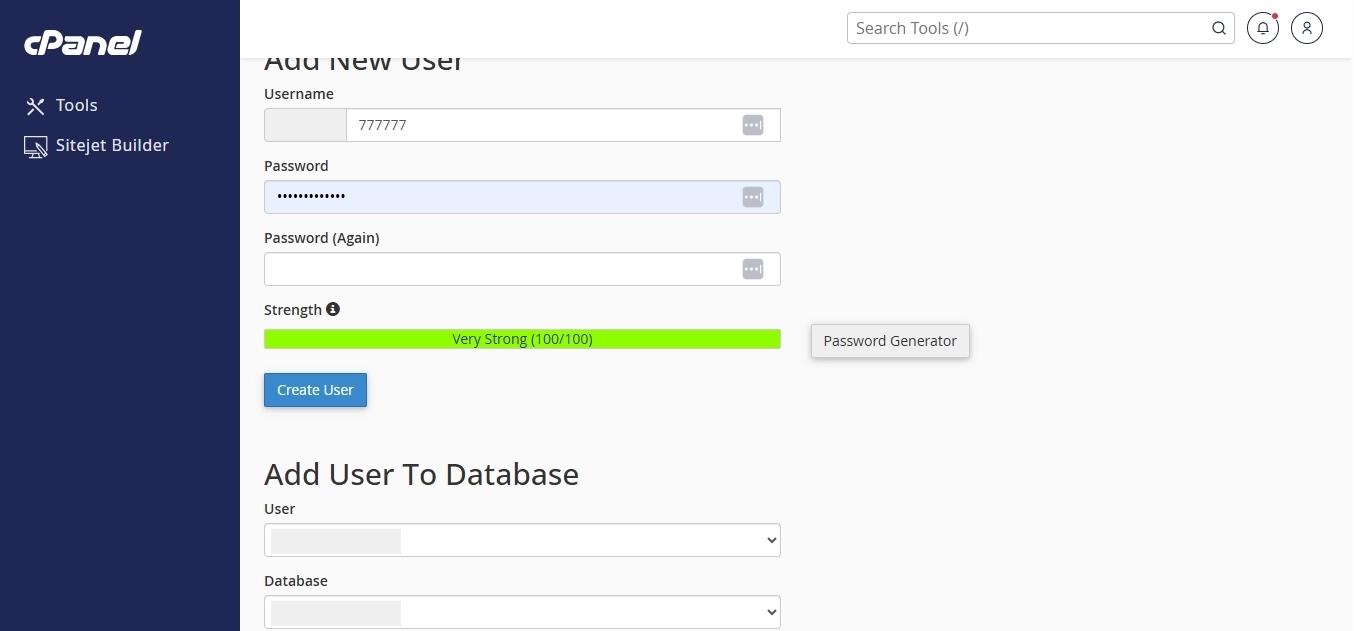 Creating a new database user password.